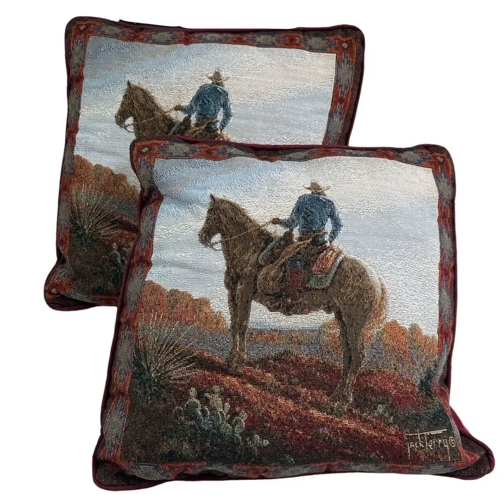 VTG SET Of 2 JACK TERRY WESTERN COWBOY ON HORSE TAPESTRY THROW PILLOWS 16x16